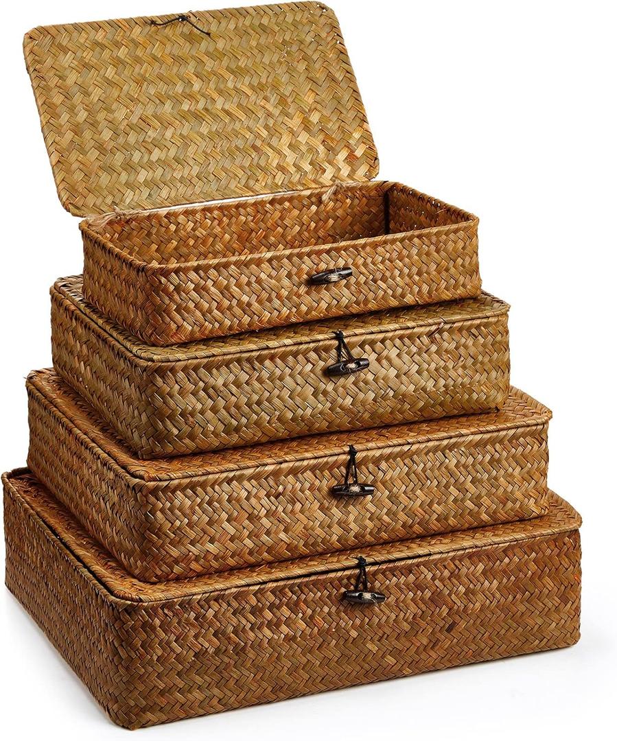 Set of 4 Seagrass Basket with Lid Wicker Storage Basket Decorative Storage Boxes with Lids Flat Storage Bins Woven Organizer Baskets for Shelf Closet Bedroom, 4 Sizes (Brown)
