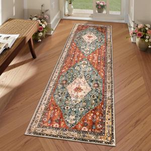 Lahome Boho Tribal 2x5 Kitchen Runner Rugs Non Skid Washable, Soft Runners for Hallways, Oriental Long Bathroom Floor Throw Carpet Runner for Entryway Laundry Room Bedroom (Rust/Dull Teal,2x5ft)
