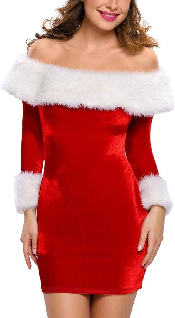 Christmas Party Sexy Dresses- Womens Off The Shoulder Long Sleeve Fur Trim Velvet Ruched Bodycon Club Mini Dress, Size M