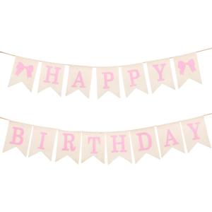 Burlap Happy Birthday Banner, Assembled Pink Bow Birthday Garland Happy Birthday Sign for Rustic Birthday Party Decorations
