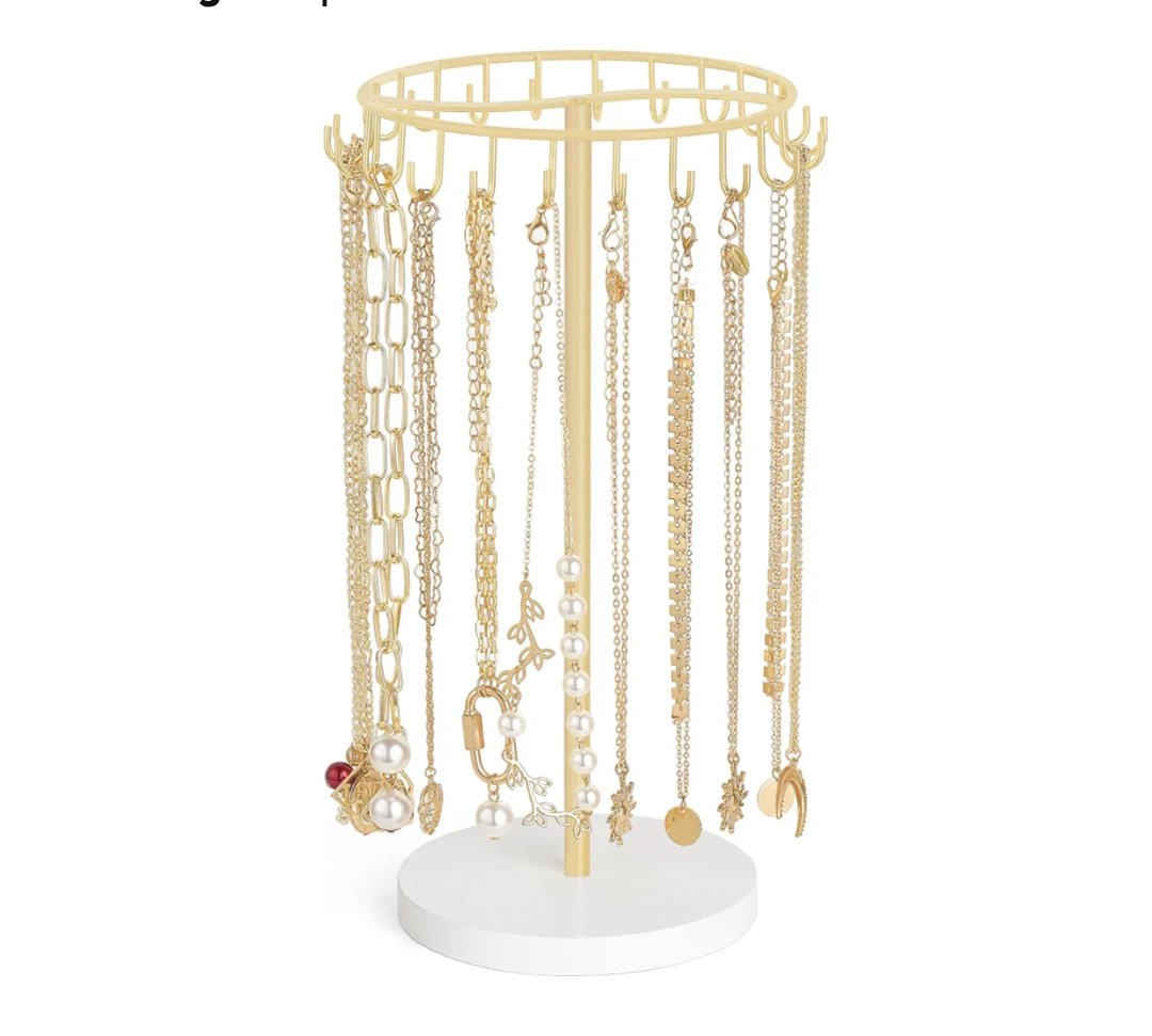 Mkono Necklace Holder Metal Jewelry Display Stand Necklace Organizer with 22 Hooks for Storage and Hanging Bracelet Keychain Home Room Decor for Women,Gold