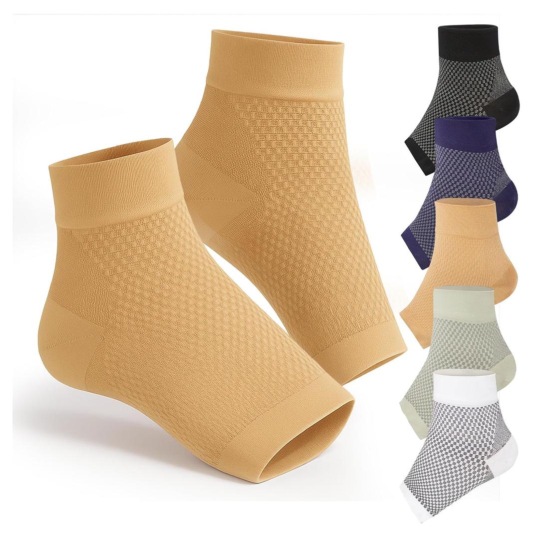 Ankle Compression Sleeve for Plantar Fasciitis & Achilles Tendonitis Relief Open Toe Support Socks Reduce Foot Pain, Heel Spurs & Swelling Everyday Comfort - Beige Nude - Large