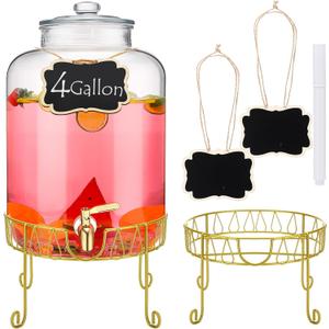 Glass Beverage Drink Dispenser for Parties, 4 Gallon Beverage Dispenser with Stand Stainless Steel Spigot Glass Lid Leakproof, Drink Containersparties Jugs for Lemonade, Juice, Tea, Gold