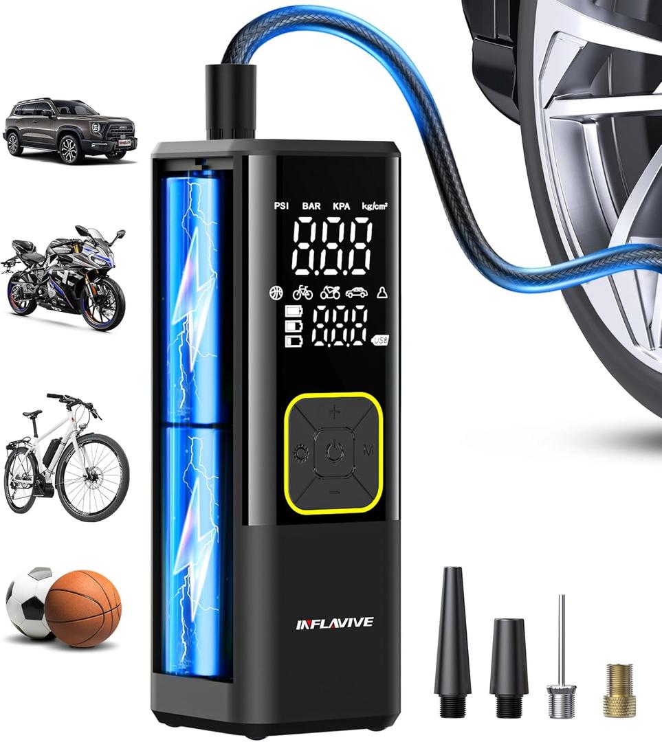 Tire Inflator Portable Air Compressor, 150 PSI Cordless Air Pump for Car Tires with Digital Pressure Gauge, 3X Faster Tire Pump for Cars, Motorcycle, Bicycle, Balls with LED Light, Auto Shut-Off