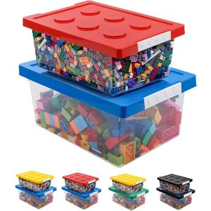 loobuu Plastic Storage Bins with Lids - Stackable Toy Storage Organizer Box Set of 2, Kids Toy Chests with Compatible Building Baseplate and Lid, Storage Container for Building Bricks - Red+Blue