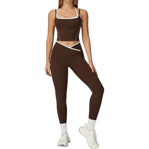 Womens Workout Sets Two Piece Spaghetti Straps Tank Top Matching High Waist Leggings Gym Work Out Outfits with Pockets (Medium, V-Dark Coffee)