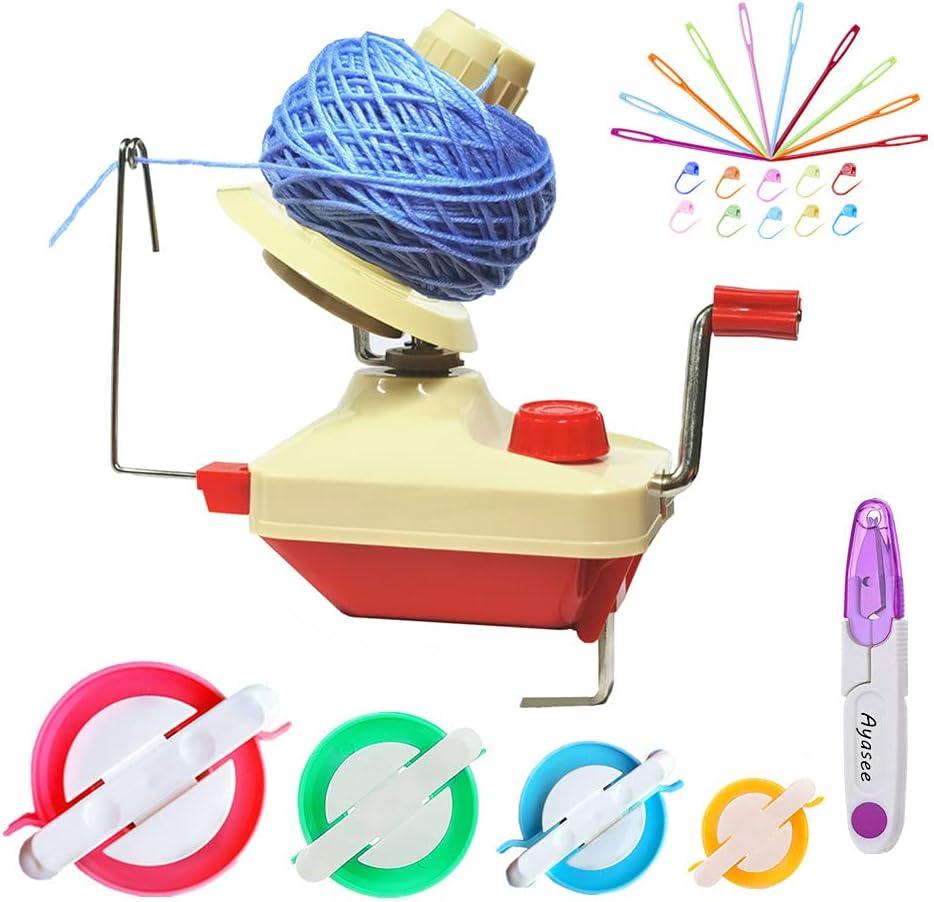 Yarn Ball Winder, Hands Operated Swift Yarn Fiber String Ball Wool Winder Machines for Family+4Pompom Maker+10PS Knitting Stitch Markers+10PS Plastic Needles+1PS Scissors(26b)