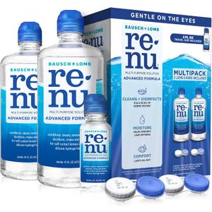 Renu Contact Lens Solution, Advanced Formula, Multi-Purpose Solution with Lens Case, Gently Cleans, Disinfects, Moisturizes & Hydrates Soft Lenses, 16 Fl Oz (Pack of 2) + Travel Size 2 Fl Oz, BBD 2029/02/01