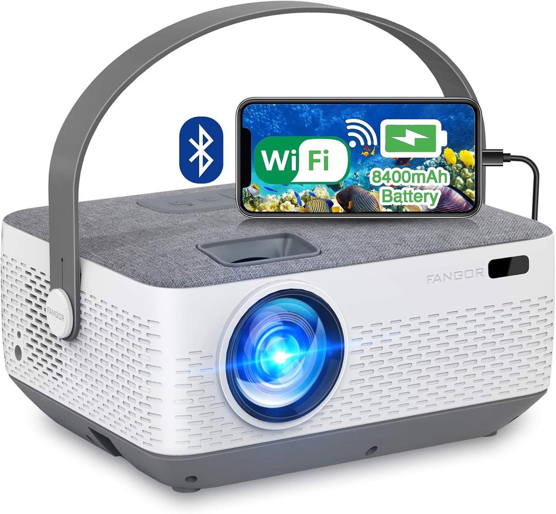 FANGOR WiFi Projector Bluetooth 8400mAh Battery, Rechargeable Portable Home Projector, 1080P Supported Movie Projector with Sync Smartphone Screen via WiFi/USB Cable, Compatible with iPhone, Laptop