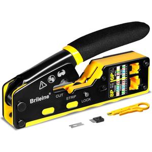 Brileine RJ45 Crimp Tool Pass Through Crimper for RJ45 Connectors / Cat6 Cat6a Cat5 Cat5e Connector Ethernet Crimper Tool with Mini Cable Stripper