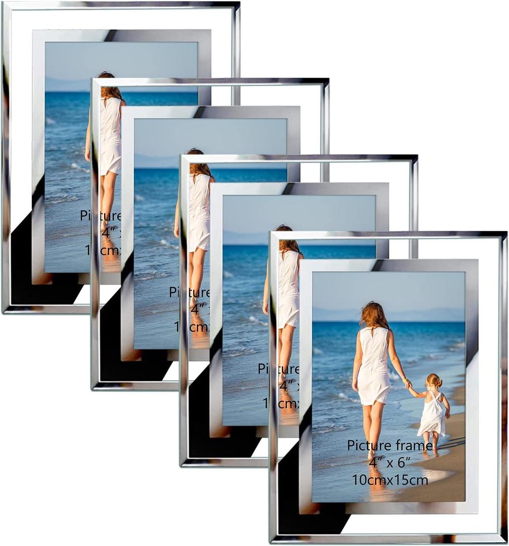 Hoikwo Bulk 4x6 Picture Frames, 4 Packs Silver Photo Frames 4 by 6, Glass Wedding Frames 4x6, Clear Mirror Wedding Photo Frames, Only for Tabletop Display Vertically or Horizontally