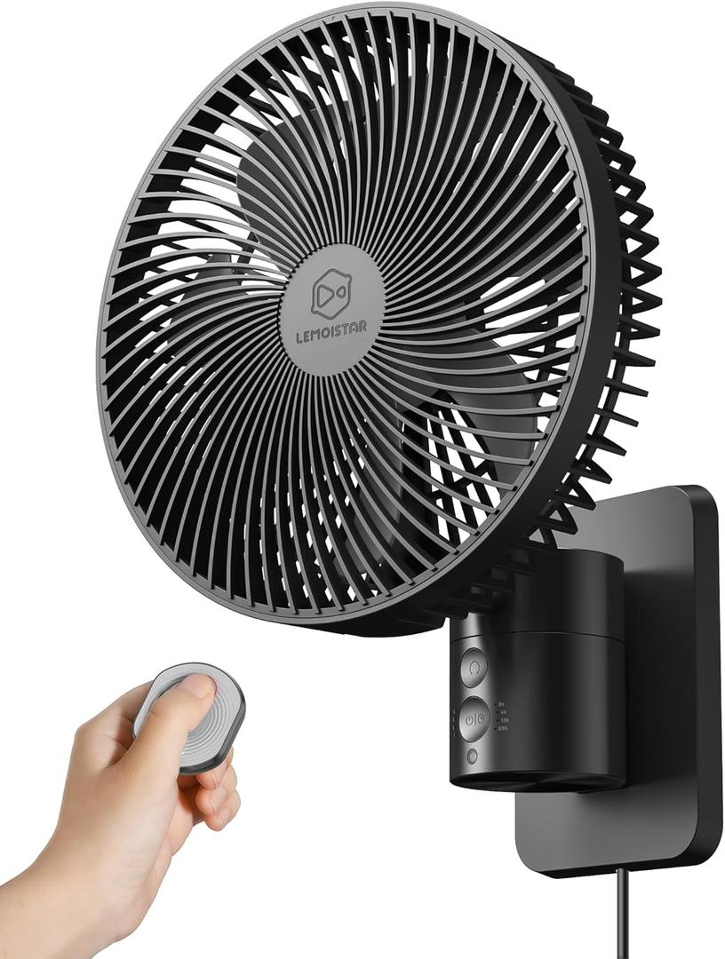 8.5-Inch Quiet Wall-Mounted Oscillation Fan with Remote & Timer, 4-Speed Adjustable for Small Bathrooms, Indoor Bedroom Cooling for RV, Adjustable Tilt, 5.92 ft Cord, Garage Cooling Fan for Home (Black Frame/Black Blade)