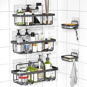 Adhesive Shower Caddy, 5 Pack Rustproof Stainless Steel Bathroom Organizers and Storage, Large Capacity Bathroom Organizer, No Drilling Shower Shelves, Black (2)