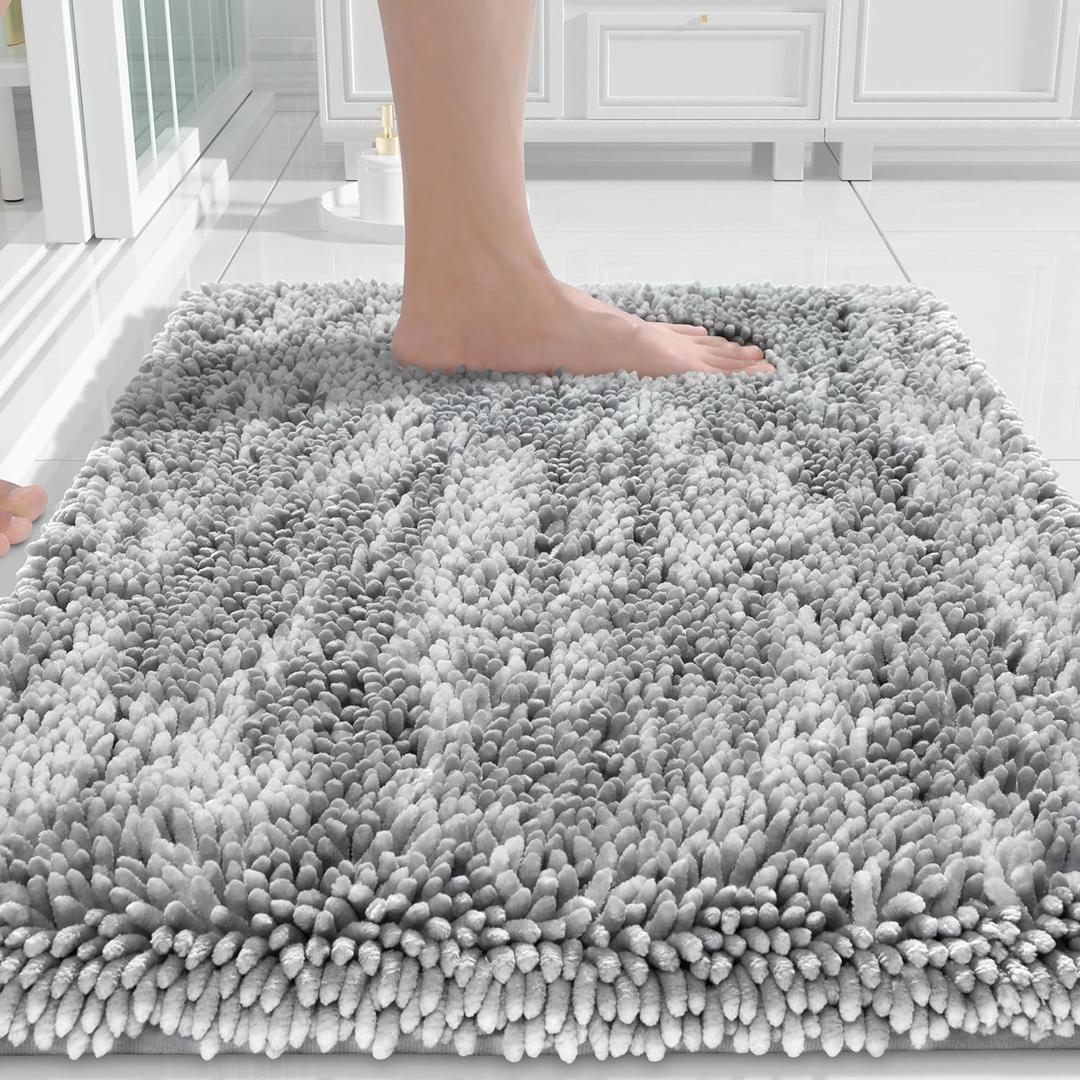 Yimobra Chenille Bathroom Rugs Non Slip, Extra Thick Soft Absorbent Bath Rug 24x17 Inch, Machine Washable Quick Dry Bath Mat for Bathroom Floor, Tub and Shower, Home Decor Accessories, Light Grey