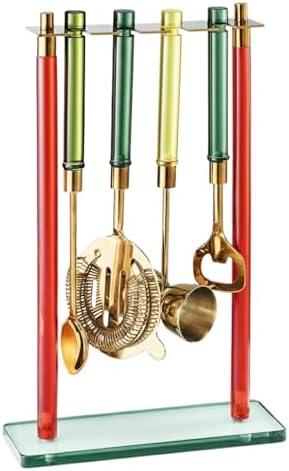 5-Piece Gold Bartender Kit with Stand. Stainless Steel Bar Tool Set, Colorful Handles. Includes Jigger, Strainer, Spoon, Bottle Opener Luxury Home Bar Cart Accessories, Cocktail Decor & Mixer Gift Set