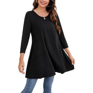 ENMAIN Womens Tops 3/4 Sleeve Plus Size Tunics to Wear with Leggings Dressy Casual Loose Blouses Swing Flare T-Shirt S-5XL (Black, L)