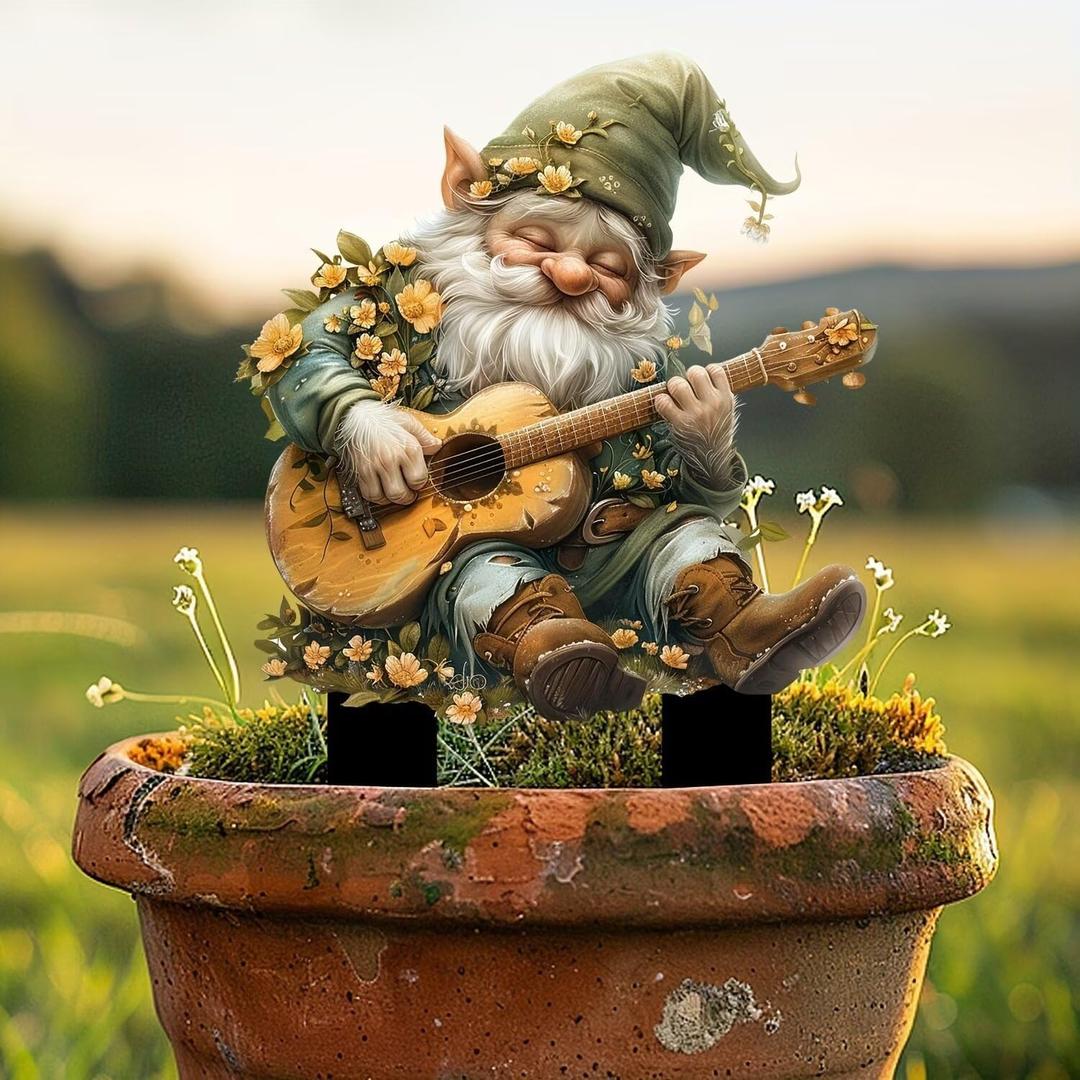 Dwarf Playing Guitar Acrylic Garden Stake, Indoor and Outdoor Garden Acrylic Decoration, Suitable for Flower Pots and Landscape Beautification, Suitable for Courtyards and Lawn