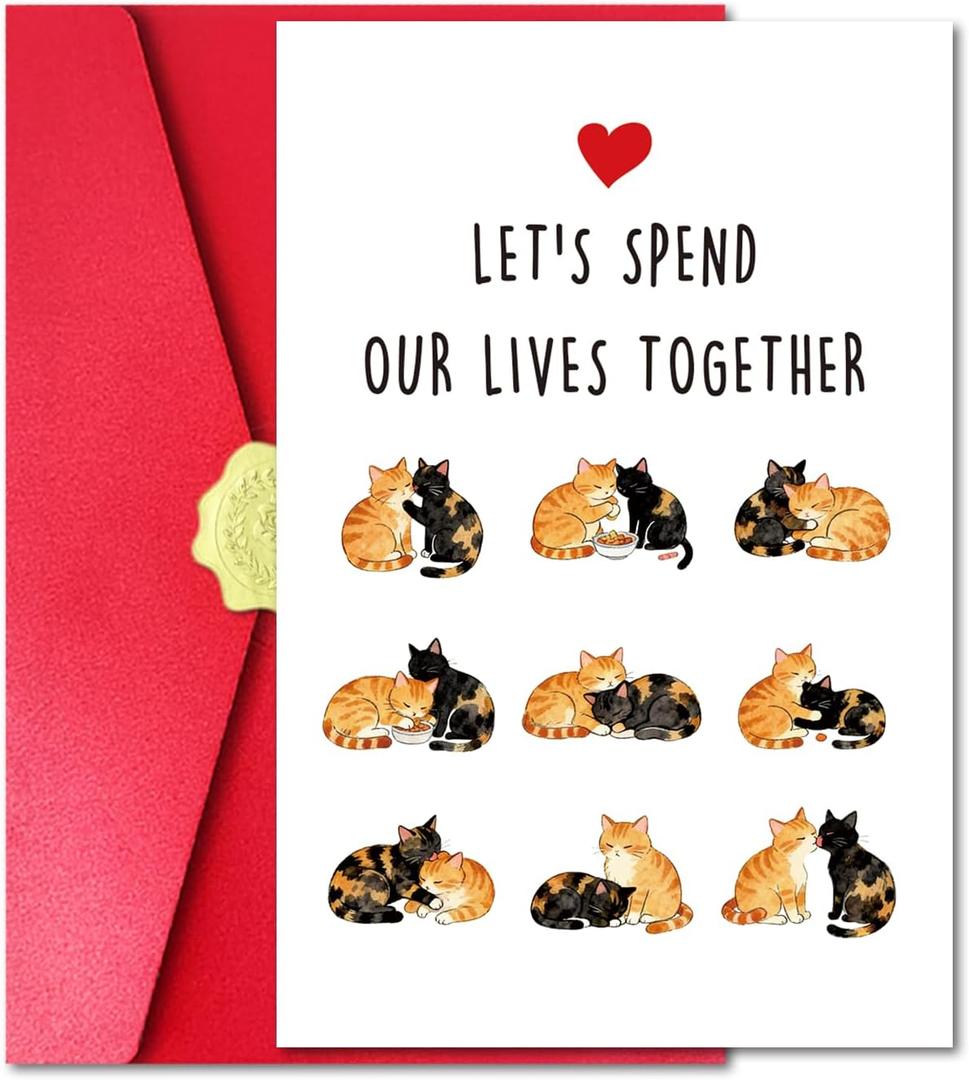 2 x Romantic Valentines Day Card for Cat Lover Him Her, Sweet Cat Valentines Day Card with Red Envelope and Sticker for Husband Wife Spouse, Let's Spend Our Lives Together (#047)