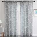 SMILE WEAVER Grey Sheer Curtains 45 inch Length for Living Room,Light Filtering Curtain for Bedroom,Linen Textured Floral Semi Sheer Curtain Rod Pocket Window Drapes for Kitchen,2 Panels