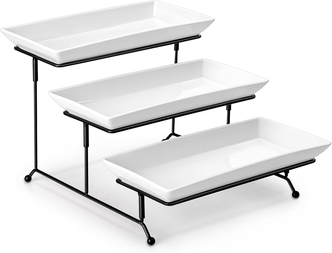 MALACASA 3 Tier Serving Trays for Party, Porcelain Serving Platters and Trays, 12 Inch Tiered Tray Stand, Fruit Tray, Trays for Serving Food, White Dessert Stand with Collapsible Sturdier Metal Rack, White