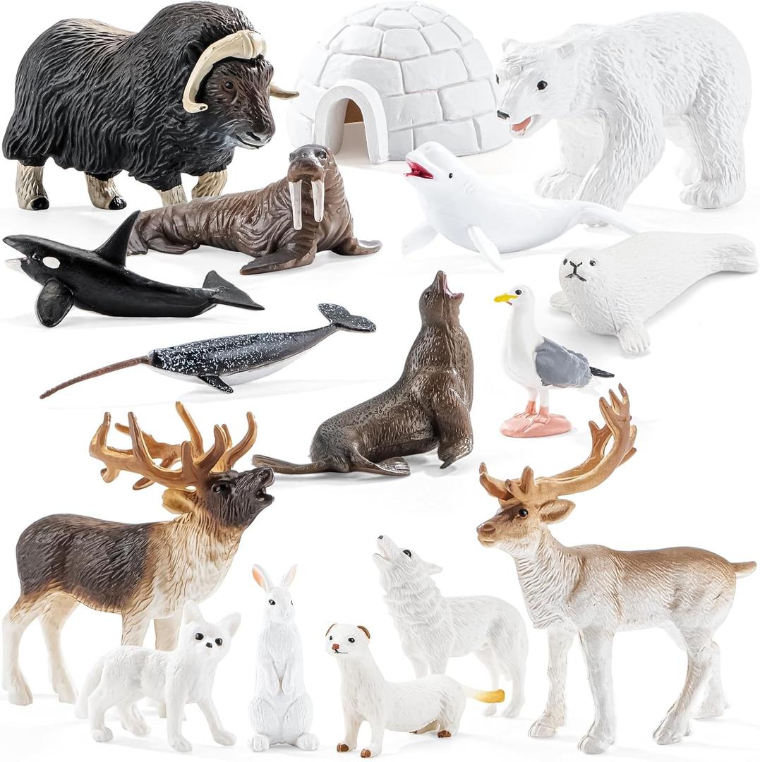 16PCS Mini Arctic Animals Figurines Toys, Winter Polar Animals Toys for Kids Include Polar Bear, Caribou, Orca, Wolf Figurines Cake Toppers Birthday Gifts for Preschool Kids