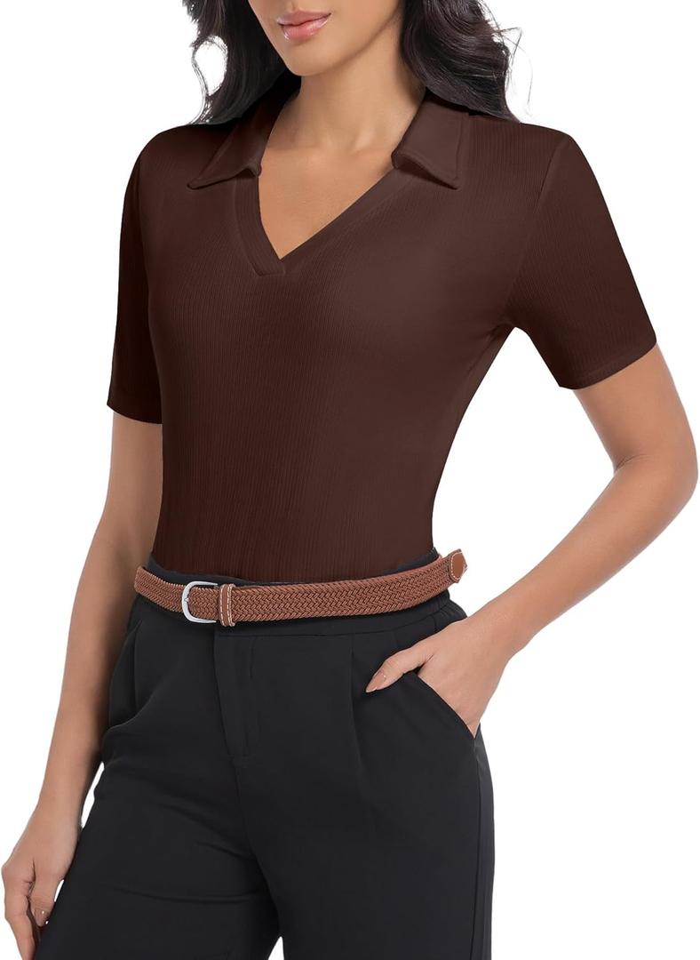 Womens Short Sleeve Business Casual Bodysuit 2025 Tops Summer V Neck Polo Work Shirts Fitted Basic Collared Bodysuit Shirt (S, Coffee)