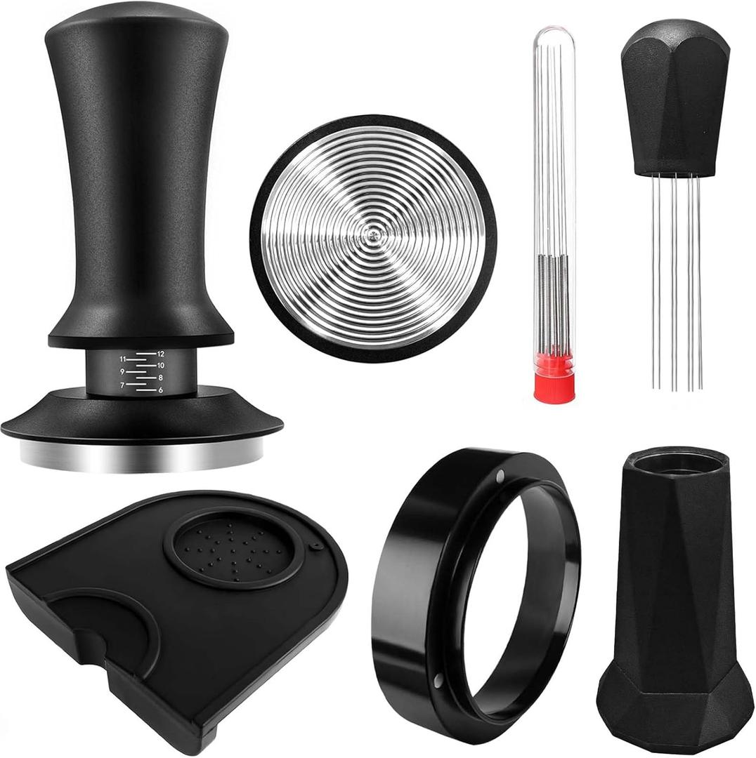 Espresso Tamper, Coffee Tamper with Espresso Distribution Tool, Espresso Tamper Mat, Espresso Dosing Funnel, Espresso Accessories, Wdt Tool Espresso, 51mm Espresso Tamper for Espresso Coffee Machine (51 mm, Black3)
