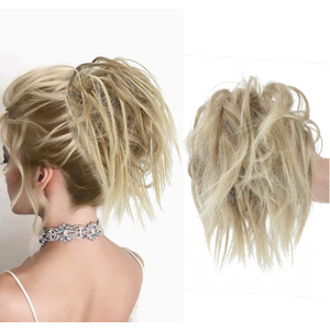 KETHBE Messy Bun Hair Piece,Synthetic Tousled updo Short Ponytail Faux Hair Scrunchie with Elastic Rubber Band Fake Hair Bun for Women (Pale Golden Blonde Mix Blonde)