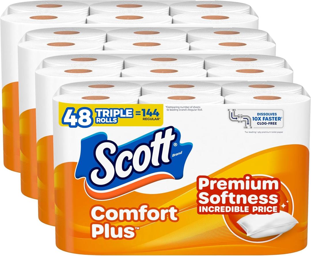 Scott ComfortPlus Toilet Paper, 48 Triple Rolls, 231 Sheets per Roll, Septic-Safe, 1-Ply Toilet Tissue