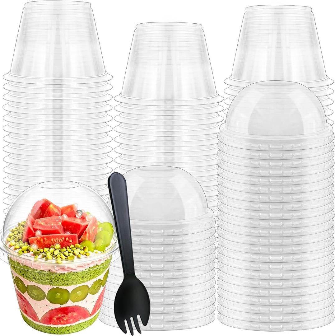 100 Pcs 6oz Clear Plastic Cups with Dome Lids and Spoons, Transparent Disposable Parfait Dessert Cups for Fruit ,Ice Cream, Cupcake, Iced Cold Drinks