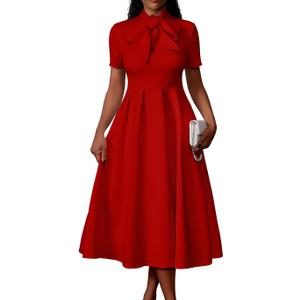 Memoriesea Women's Elegant Casual Short Sleeve Work Party A-Line Dress with Pockets (Red), S