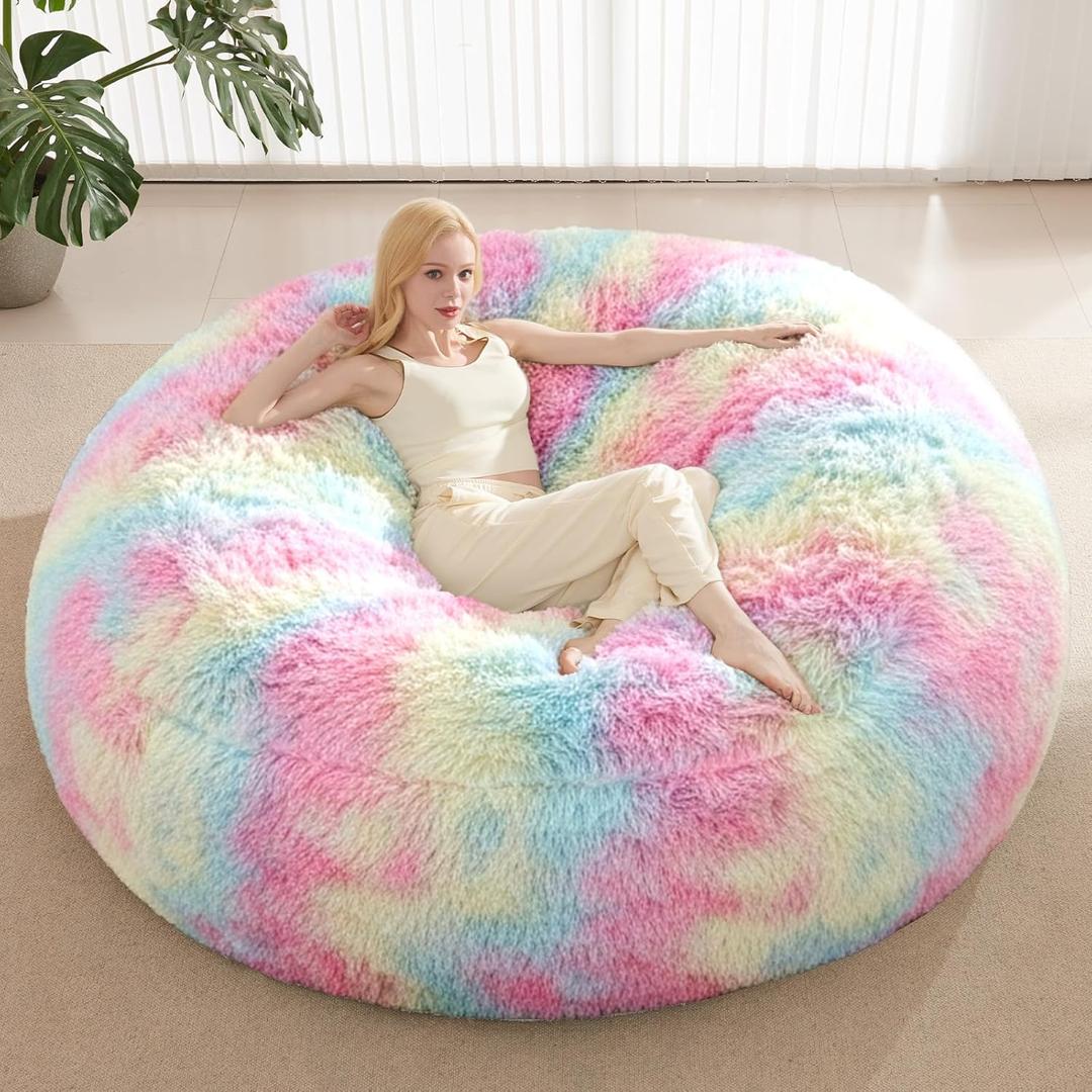 7FT Giant Fur Bean Bag Chair Cover, Ultra Soft Rainbow Bean Bag Chairs for Adults (No Filler, Cover only), Big Round Soft Fluffy Faux Fur Bean Bag Lazy Sofa Bed Cover, Washable Big Size Bean Bag Cover