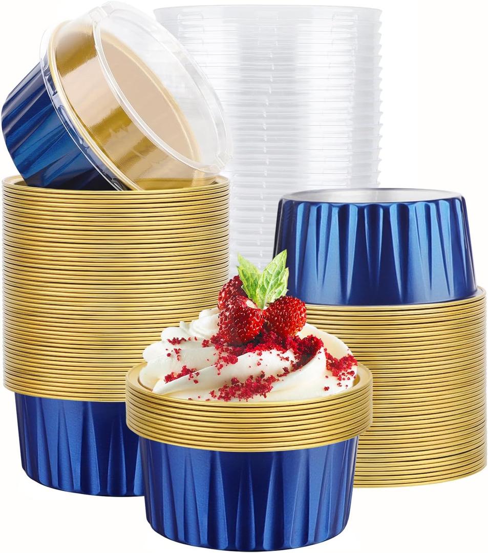 EUSOAR Aluminum Foil Baking Cups with Lids, Royal Blue 100pcs 5oz Creme Brulee Ramekins Disposable, Muffin Liners CupsMini Cheesecake Foil Pans Dessert Containers with Lids for Party Favor Birthday