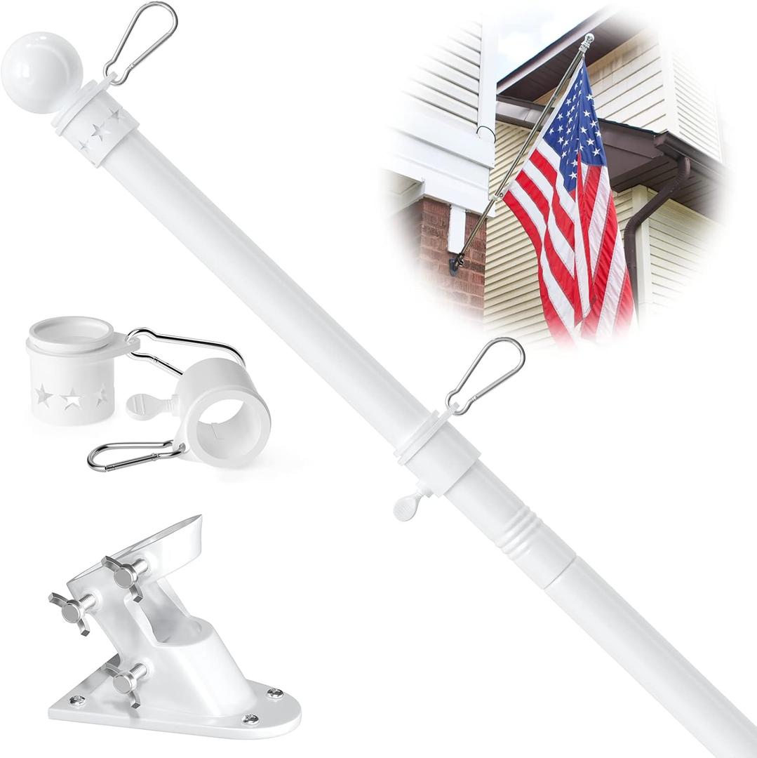 White Flag Poles for 3x5 Flags Outdoor, Flag Pole Kit for Outside House - Heavy Duty 5ft Flagpole and Holder, Mount for Outdoor, Boat, RV, Truck Hitch, Garage Tangle Free Rings, Weather Resistant