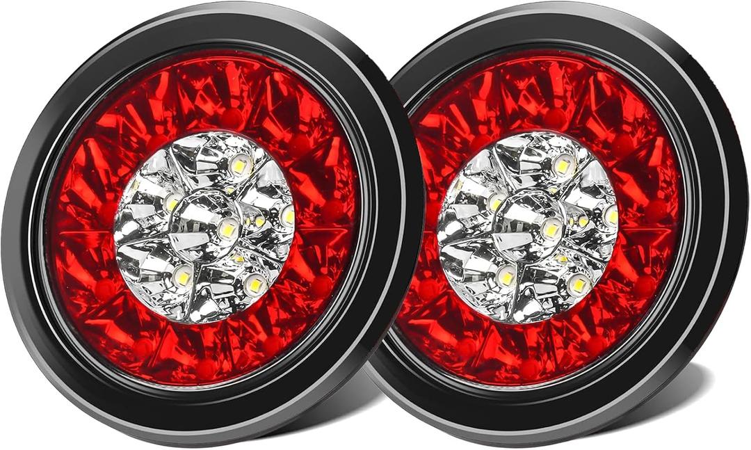 LIGBT 2PCS 4" Round LED Trailer Tail Lights 4Inch 16LED Red White with Rubber Grommet IP67 Waterproof Red Stop Brake Running Light White Reverse Backup Lights for Trucks Trailer RV