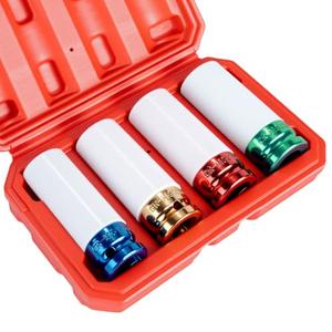 1/2" Drive Wheel Protector Impact Socket, Non-Marring Lug Nut Thin Wall Deep Socket Set, CR-MO, 6 Point, Color-Coded Protective Socket | Metric 17 19 21 22 mm (4 PCS)