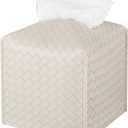 Tissue Box Cover PU Leather Tissue Holder Square Facial Tissue Case Facial Paper Organizer Dispenser for Bathroom, Vanity Countertop, Tabletop, Car, Griege