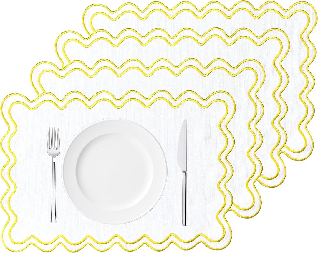 Set of 4 Rustic Embroidery Scalloped Placemats 13 x 19 Inch Cotton Linen Placemat Washable Double Layer Place Mats Tbale Decor for Kitchen Shower Banquet Party Holiday Table Decor (Yellow)