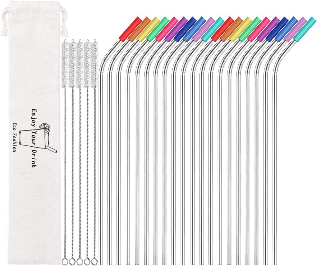 MUTNITT Set of 20 10.5" Reusable Bent Stainless Steel Straws with 20 Silicone Tips 5 Cleaning Brush 1 Travel Case Eco Friendly Extra Long Metal Straw Drinking for 20 24 30 oz Tumbler