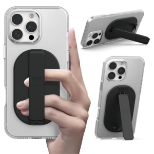 SleekStrip Mag SleekGrip-Air, for MagSafe Phone Grip Kickstand, MagSafe Accessories for iPhone 16 Pro Max/ 15/ 14/ 13/ 12/ Kindle/ Case, 3-Way Stand, Slim Socket, Magnetic Phone Ring Holder Grip, Pop Jet Black