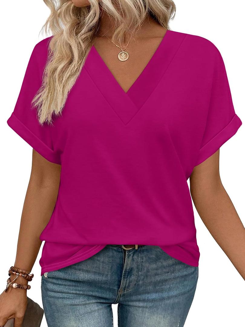 WIHOLL Womens Summer Tops Short Dolman Sleeve Shirts 2026 Fashion V Neck Outfits Clothes (XX-Large, Hot Pink)