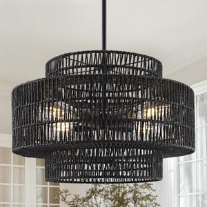 4-Light Black Boho Rattan Chandelier Light Fixture, 17.7 Hand Woven Rustic Chandeliers Farmhouse Chandelier Hanging Light for Dining Room Kitchen Island, Living Room, Foyer