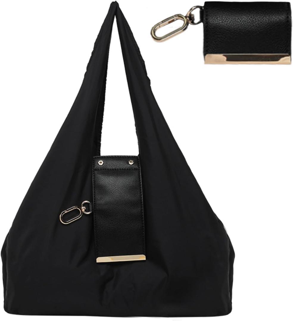 Keychain Tote Bag Compact & Expandable for On-the-Go Convenience, Foldable Tote Bag with Key Ring Portable Handbag for Daily Errands (Black)