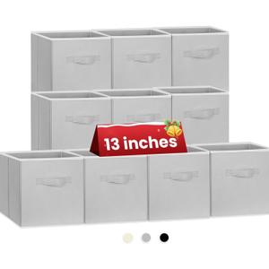 Criusia Large Storage Cubes, 13x13 Cube Storage Bins (Set of 10), Fabric Collapsible Storage Bins with Dual Handles, Foldable Cube Baskets for Shelf, Closet Organizers and Storage Box (Grey)