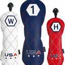 USA Golf Headcovers Set, Driver Head Covers Fairway Wood Headcover Hybrid Head Cover of Hand-Embroidery Techniques,Colors of American Flag, for Men Women Golf Enthusiast (1/3 Pack)