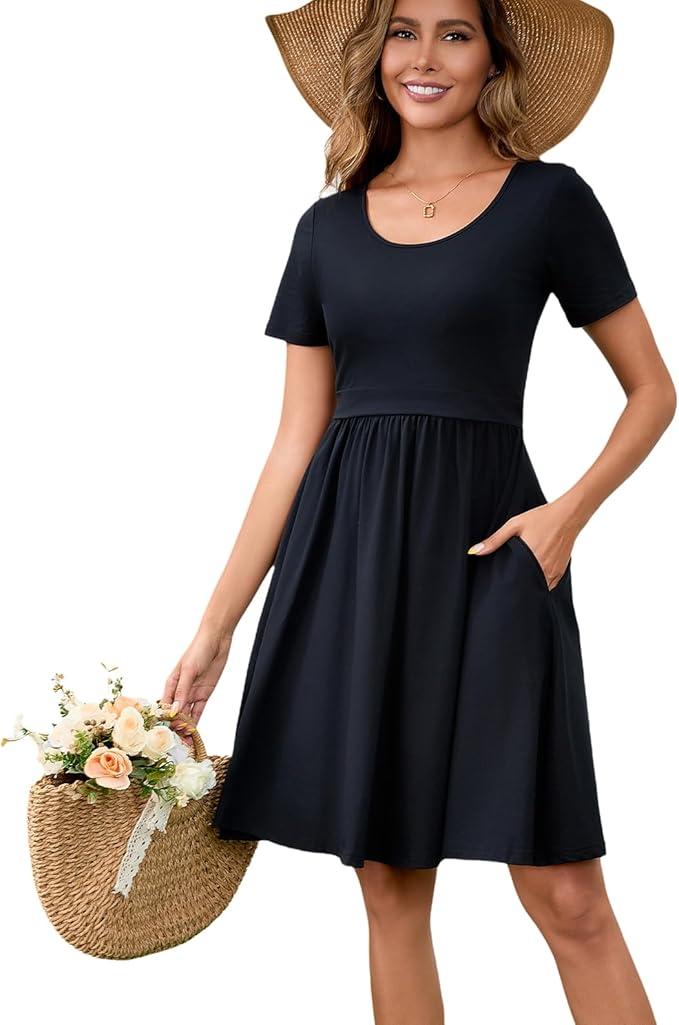 QINYI Women's Nursing Dresses Breastfeeding Summer Comfortable Cotton Short Sleeve Breastfeeding Dress with Pockets (US, Alpha, Small, Regular, Regular, Black)