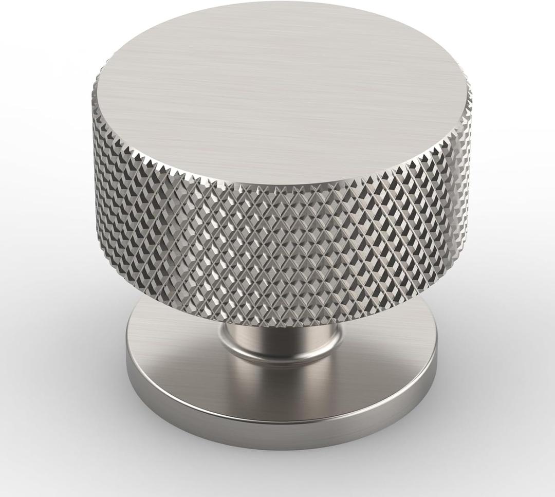 Amerdeco 10 Pack Brushed Satin Nickel Knurled Cabinet Knobs Single Hole 1.2 Inch Diameter Round Drawer Knobs for Bathroom Cabinets K0017