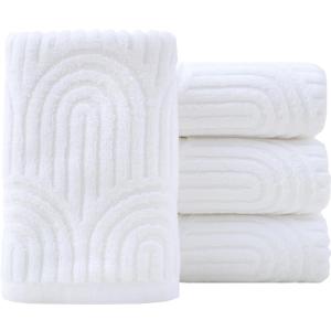 Pidada Hand Towels Set of 4 Striped Pattern 100% Cotton Absorbent Soft Decorative Towel for Bathroom (White)
