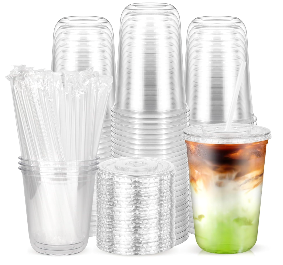 100PCS 16 oz Disposable Plastic Cups with Flat Lids and Clear Straws, Round Bottom To Go Iced Coffee Cups, BPA Free Holiday Cups for Smoothies, Cold Drinks, Coffee Shop, Juice Bars, Takeout, Office