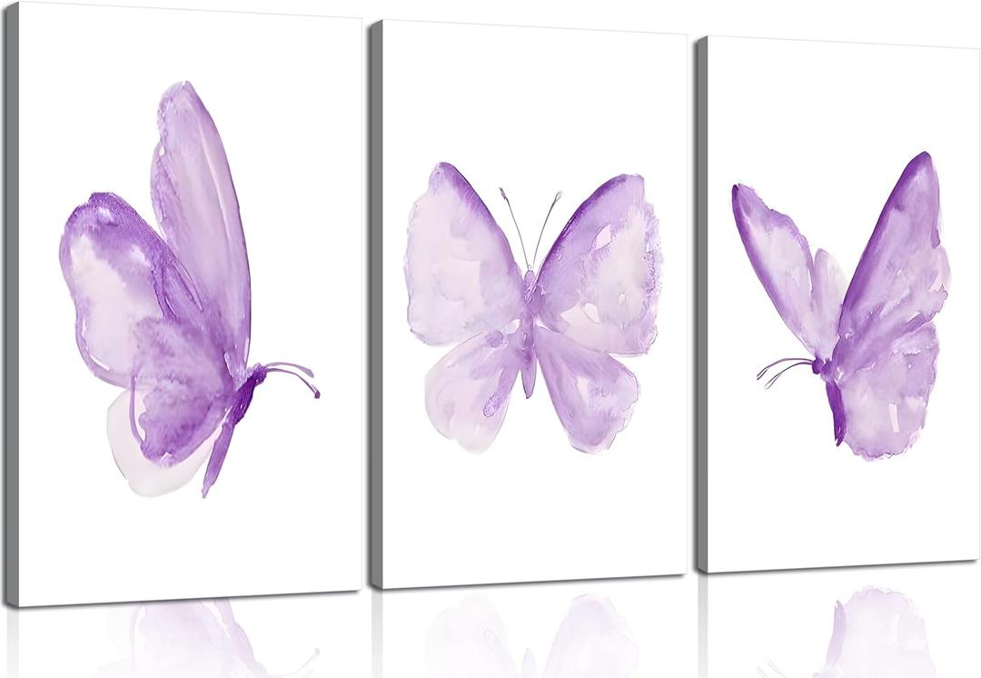 3Pcs Butterfly Canvas Wall Art Purple Butterfly Posters Pictures Minimalist Cute Animal Paintings Aesthetic Preppy Room Prints for Girls Bedroom Nursery Home Wall Decor Gift Framed